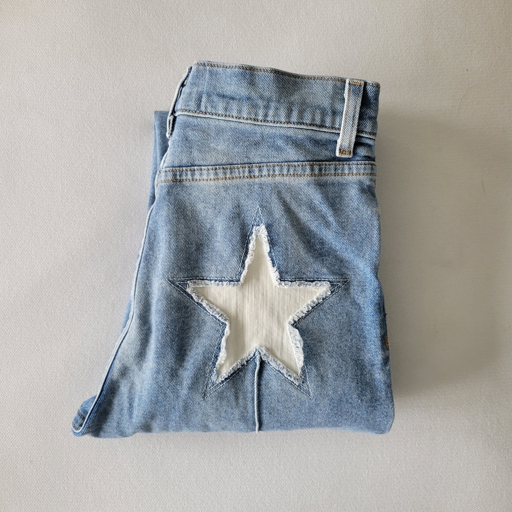 REVICE Classic Light Blue Straight Leg High Waist Rising Star Patch Jeans